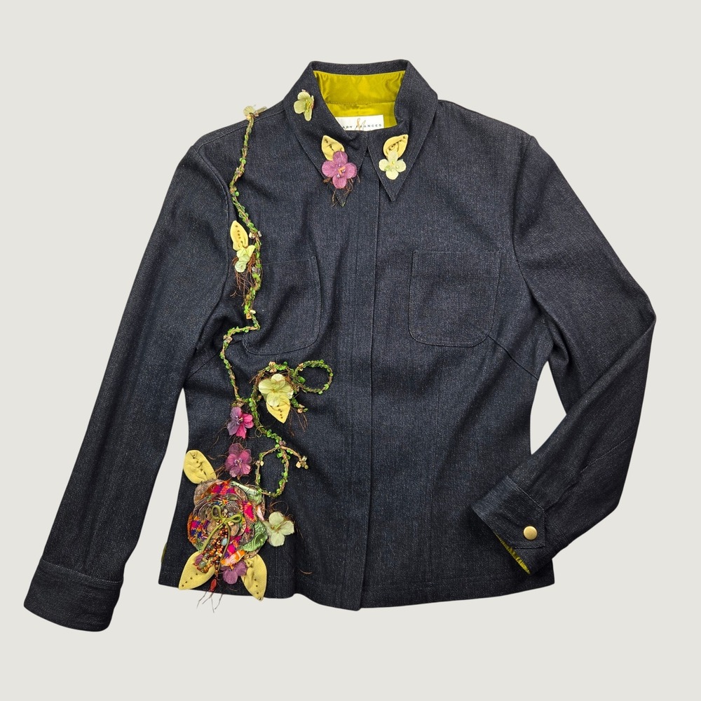Vintage Mary Frances Women's M Denim Jacket Embellished Floral Art to Wear Fairy